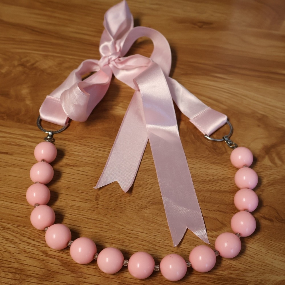 Pink Bubble Bead Ribbon‎ Tie Necklace Womens Statement Y2K Girly Coquette NWOT